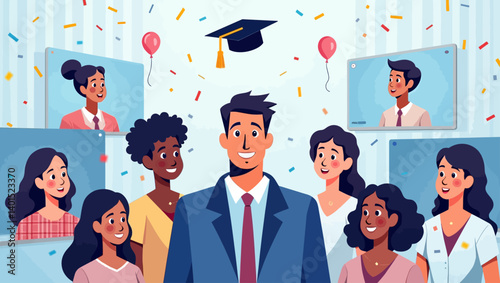 Graduate student smiling during virtual celebration with friends joining via video call screen.