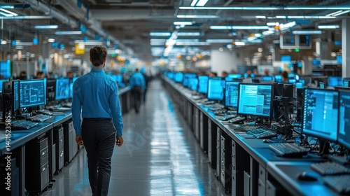 A Man Walks Through a Modern Data Center, Rows of Computers