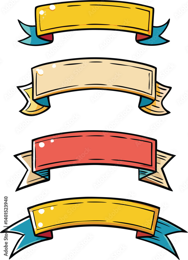 Collection of four colorful hand-drawn retro ribbon banners with blank space for text, perfect for adding messages or branding. Collection of four colorful hand-drawn retro ribbon banners with blank space for text, perfect for adding messages or branding.