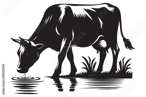 Cow drinking water silhouette illustration at the pond side