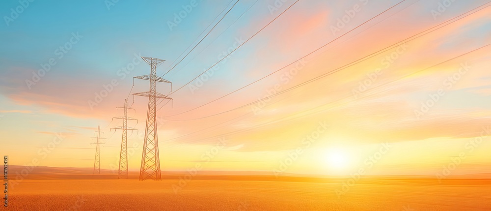 夕焼け時の電線と地平線 金色の光が草原を照らす 美しい風景 夕焼け時の電線と地平線 金色の光が草原を照らす 美しい風景
