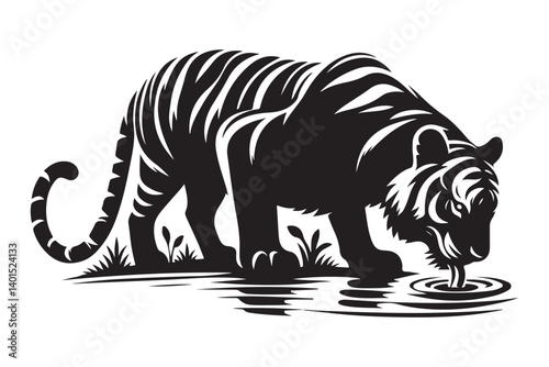 Tiger Drinking Water Silhouette Illustration Vector Graphic Design