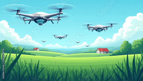 Futuristic drones flying above fields for smart farming and crop management in agriculture.