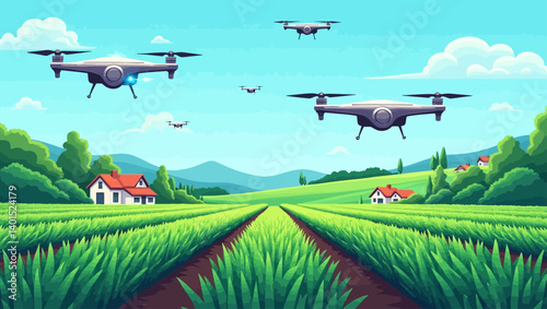 Autonomous drones flying over neat crop rows for smart farming and high-tech agriculture solutions.