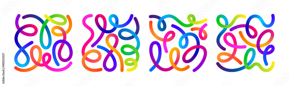 Abstract Lines with Color Gradient. Background with 3D Wave Shape Pattern. Vector Wavy Graphic Design Elements. Rainbow Dynamic Swirl and Squiggle Ribbons