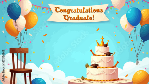 Graduation celebration setup with tiered cake, colorful balloons and banner saying "Congratulations Graduate!"