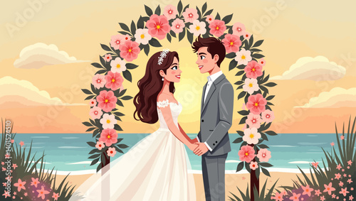 Beautiful wedding scene at the beach with bride and groom standing under a floral arch at sunset.