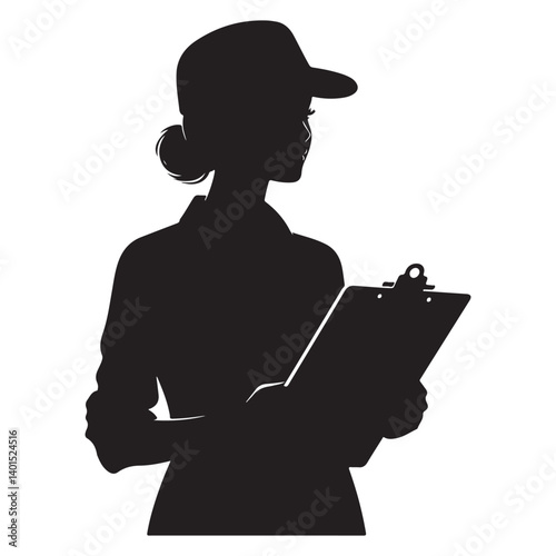 Female inspector silhouette taking notes with clipboard vector graphics