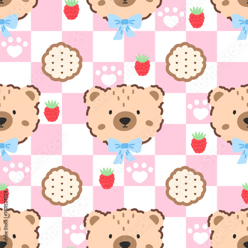 Kawaii bear and strawberry seamless pattern in soft pastel colors. Gingham bg Vector design for nursery wallpaper, fabric, and kids appare