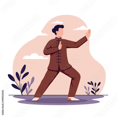 A person practicing Tai Chi in a serene outdoor setting with soft colors, flat design style, conveying calmness and focus in vector art
