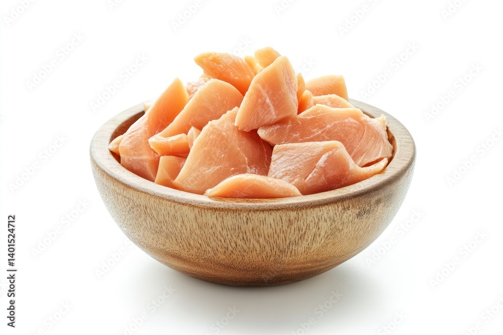Raw chicken fillet, neatly cut and arranged in a bowl, isolated on a white background to showcase its freshness.