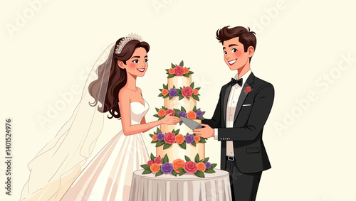 Smiling bride and groom cutting a tall floral wedding cake together, celebrating their special day with joy and love.
