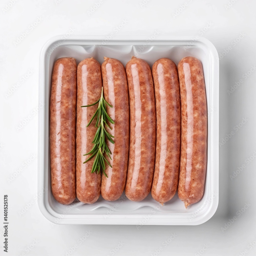 Grilling season mockup featuring fresh sausages with rosemary in a plastic tray on a white background Grilling season mockup featuring fresh sausages with rosemary in a plastic tray on a white background