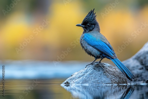 Steller's jay perched near Eagle Lake in South Lake Tahoe, with the colorful bird standing out against the calm waters in the background.