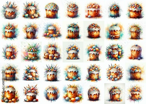 Ukrainian Easter bread Paska. Watercolor style. AI generated illustration photo
