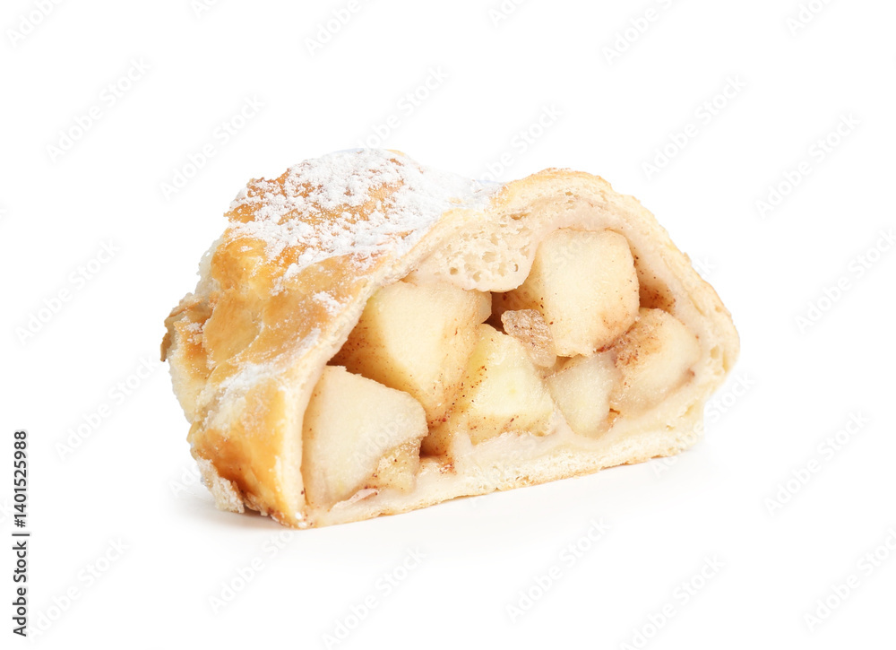 Piece of tasty apple strudel with powdered sugar isolated on white Piece of tasty apple strudel with powdered sugar isolated on white