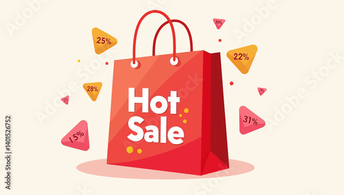 Vector illustration of a red shopping bag with “Hot Sale” text surrounded by discount labels and dynamic shapes.