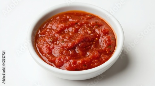 A rich portion of tomato sauce, deep red and velvety, presented in a white bowl with a clean white background.