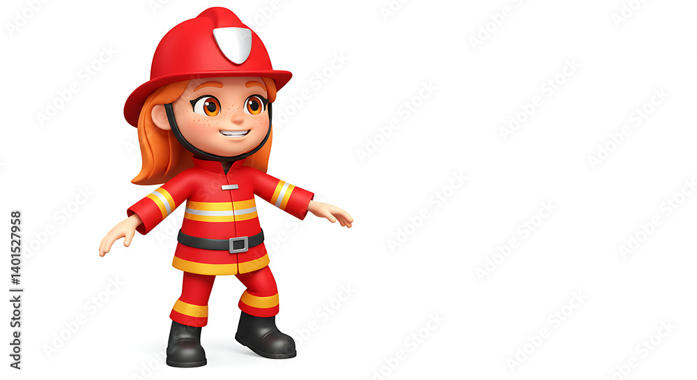 Illustration of a smiling, animated child dressed in a red firefighter uniform and hat with a white background and copy space. Illustration of a smiling, animated child dressed in a red firefighter uniform and hat with a white background and copy space.