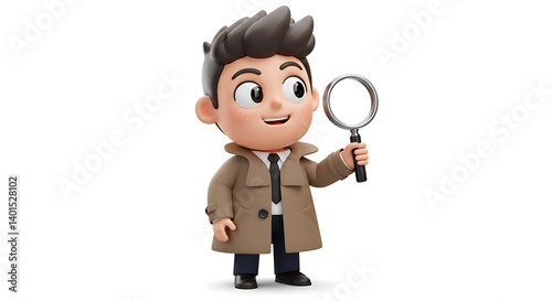Cute cartoon detective with a magnifying glass, ready to investigate and solve mysteries. Cartoon character on white background.
