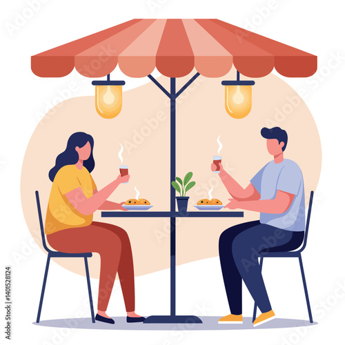Two friends enjoying coffee at a cozy outdoor café under a striped umbrella, flat vector illustration