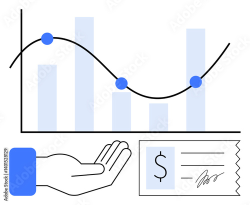 Hand below a financial graph with dots and bars, next to a receipt with a signature. Ideal for finance, investment, economic trends, accounting, data analysis, business strategy, flat simple metaphor