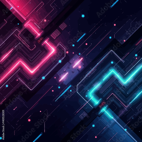 Futuristic neon circuit background with glowing pink and blue lines forming a digital tech maze in cyberspace.
