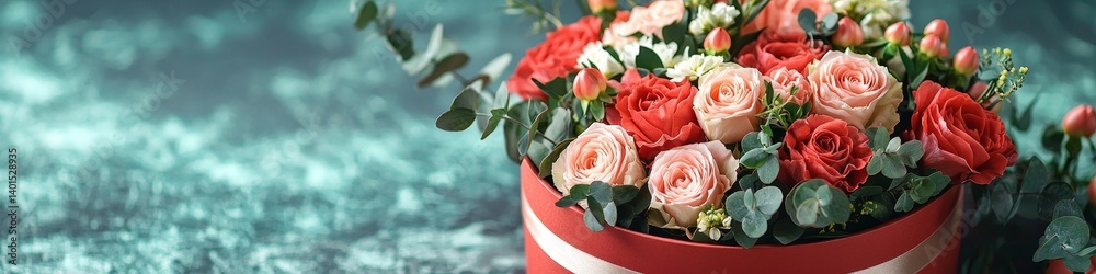 Vibrant Arrangement of Red and Pink Roses in a Decorative Box Against a Festive Bokeh Background for a Romantic Celebration Vibrant Arrangement of Red and Pink Roses in a Decorative Box Against a Festive Bokeh Background for a Romantic Celebration