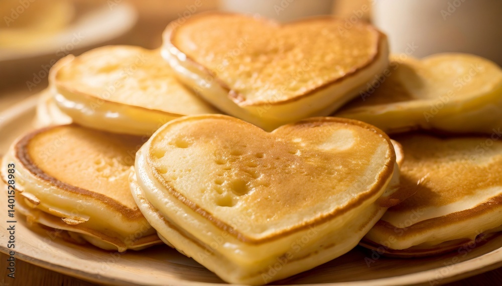 Pancakes heart-shaped arranged in a playful pattern, capturing the happiness of a morning breakfast Pancakes heart-shaped arranged in a playful pattern, capturing the happiness of a morning breakfast