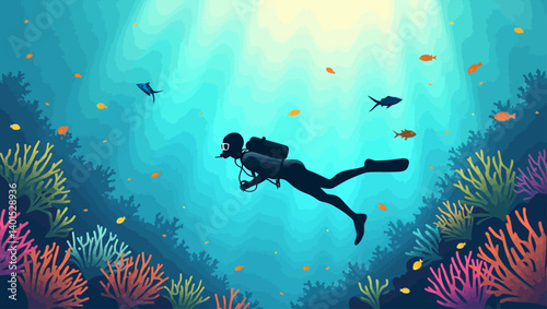 Scuba diver surrounded by vibrant corals and tropical fish in a serene underwater world with sunbeams from above.