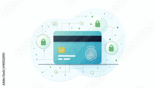 Illustration of a modern credit card with fingerprint ID and green security padlocks on a digital network background.