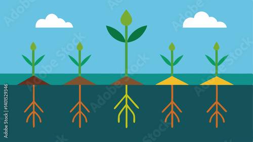 High Water Demand A showing various agricultural plants with large exaggerated roots reaching down into the groundwater layer labeled High Demand for Water.