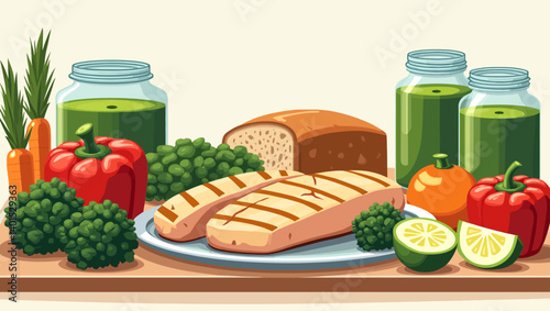 Healthy meal with grilled chicken, fresh vegetables, whole grain bread, and green juice served on a clean plate.