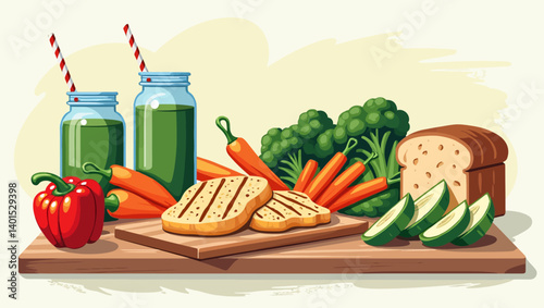 Nutritious food layout with grilled chicken, fresh vegetables, green smoothies and whole grain bread for a healthy meal.