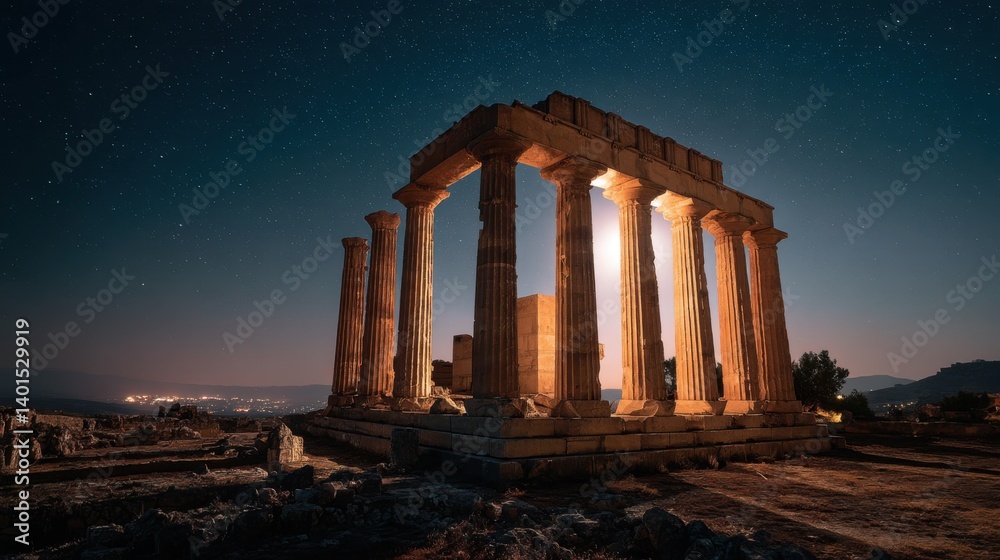 Obraz premium Ancient Greek temple under starry night sky with moonlight illuminating ruins.