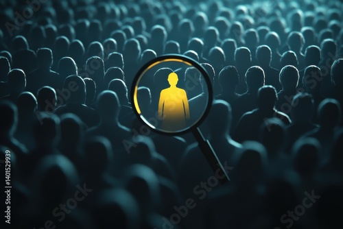 Person highlighted in crowd with magnifier