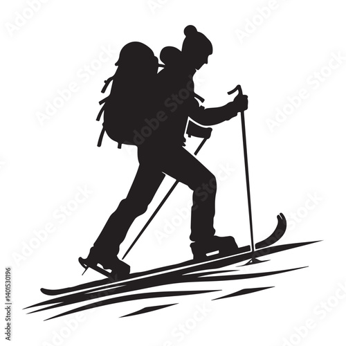 Silhouette of Skier Trekking Through Snowy Mountain Landscape Adventure