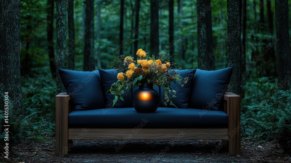 A serene outdoor scene features a cozy navy couch adorned with vibrant yellow flowers in a black vase, set amidst a tranquil forest, This image is ideal for relaxation, nature-themed projects A serene outdoor scene features a cozy navy couch adorned with vibrant yellow flowers in a black vase, set amidst a tranquil forest, This image is ideal for relaxation, nature-themed projects