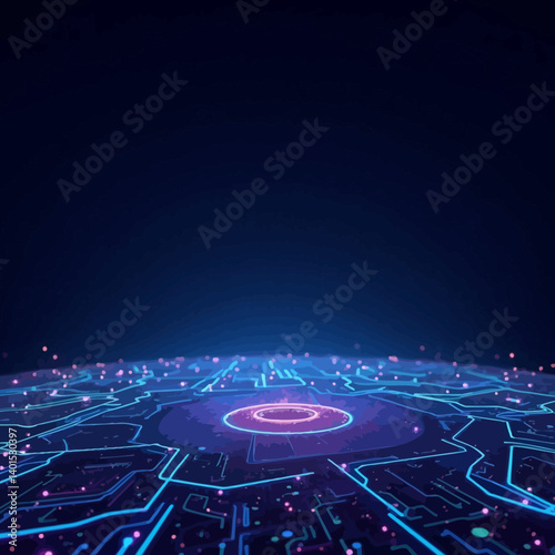 Abstract tech background with a glowing digital hub at center, symbolizing networks and futuristic connectivity.