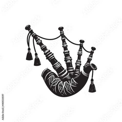 Black Color Bagpipes Silhouette Vector Illustration, Solid White Background
