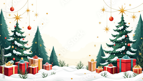 Christmas winter landscape with decorated trees, gift boxes, snow and stars. Perfect for festive cards, banners and seasonal prints.