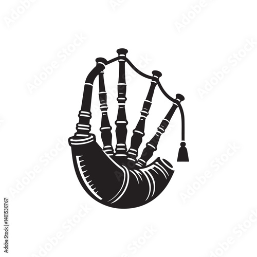 Black Color Bagpipes Silhouette Vector Illustration, Solid White Background