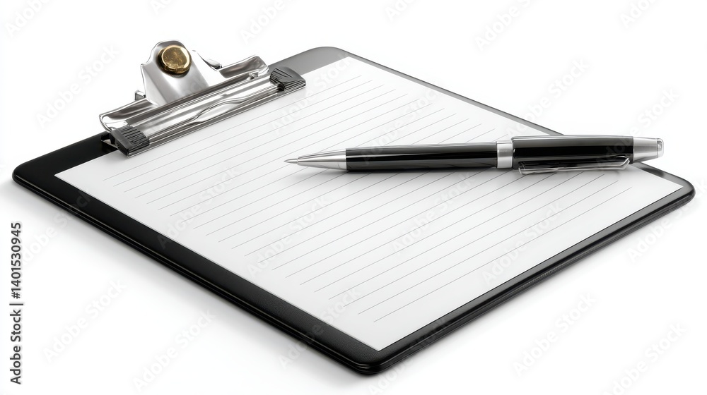 Blank clipboard with pen, clean white paper, ready for notes or signatures, minimalistic design, office supplies, isolated on white background, png. Blank clipboard with pen, clean white paper, ready for notes or signatures, minimalistic design, office supplies, isolated on white background, png.