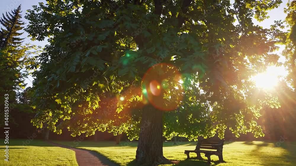 Golden sunlight filters through trees in a tranquil park setting at sunset