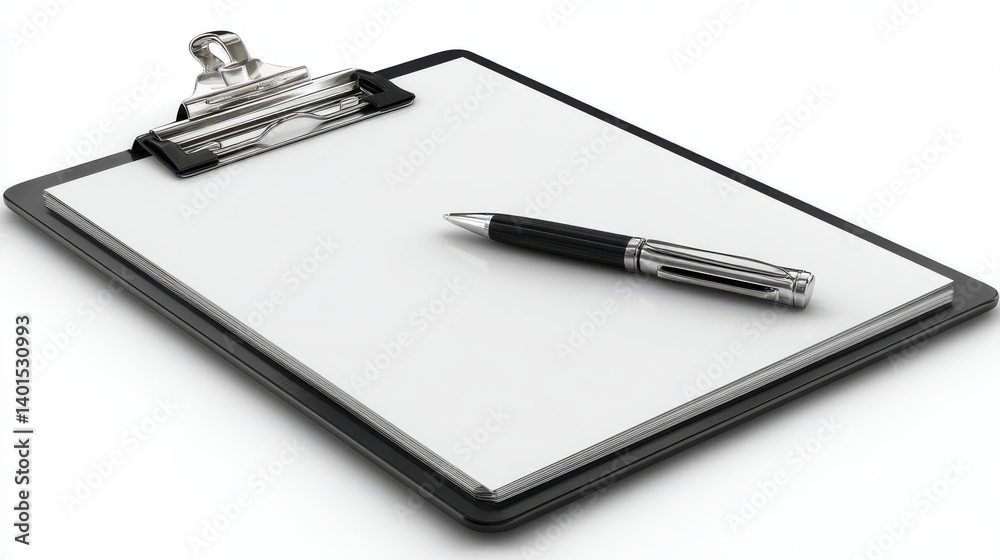 Blank clipboard with pen, clean white paper, ready for notes or signatures, minimalistic design, office supplies, isolated on white background, png. Blank clipboard with pen, clean white paper, ready for notes or signatures, minimalistic design, office supplies, isolated on white background, png.