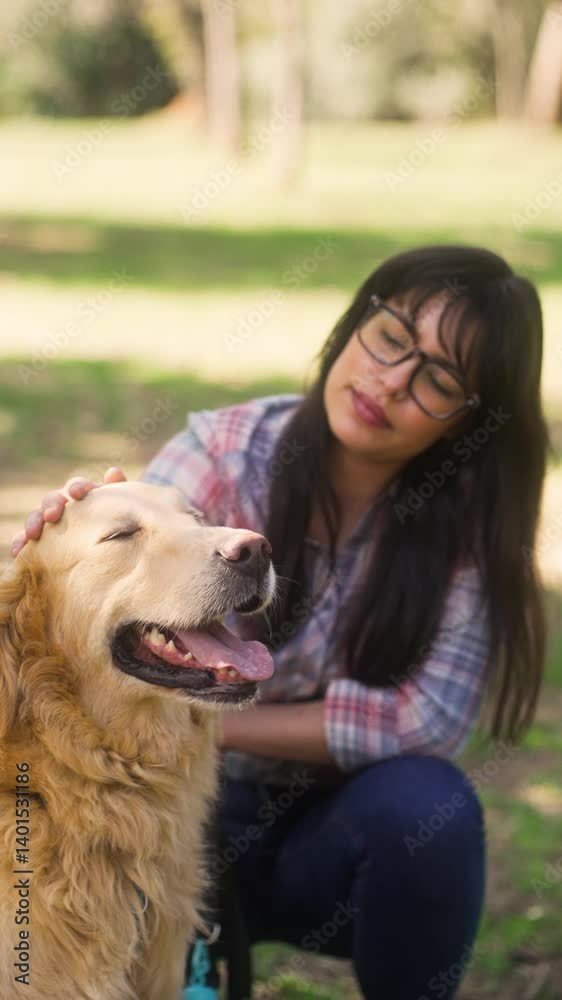 Smiling golden retriever relaxing in the shade with owner. Content dog enjoying gentle affection during a peaceful moment outdoors. Smiling golden retriever relaxing in the shade with owner. Content dog enjoying gentle affection during a peaceful moment outdoors.