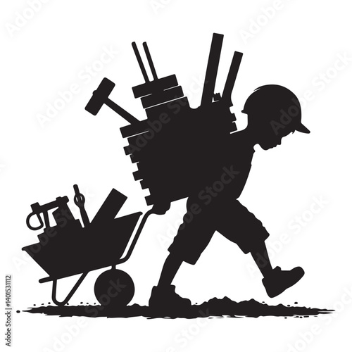 Child Labor Silhouette Vector with Construction Tools and Wheelbarrow