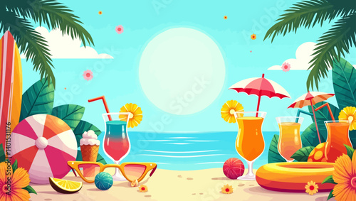 Summer beach scene with tropical drinks, beach ball, sunglasses, floaties and palm trees under the bright sun.