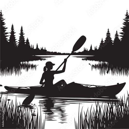 Silhouette of Woman Kayaking on Lake in Wilderness Adventure
