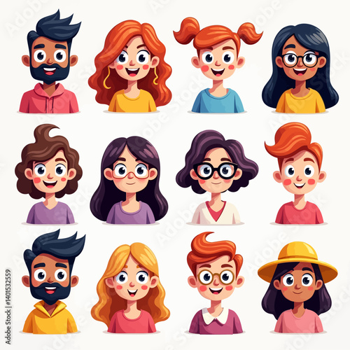 Cartoon avatar collection of diverse people with different hairstyles and expressions.